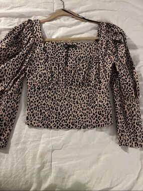 Zara Beige and Black Leopard Bustier Puff Sleeve Top